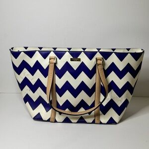 Kate Spade New York Womens Tote Shoulder Bag Blue White Zig Zag Dual Handle EUC